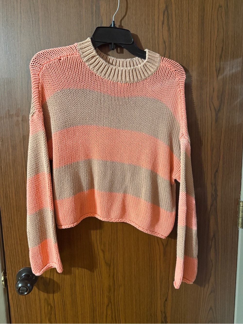 aerie Coral and Beige Striped Crew Sweater